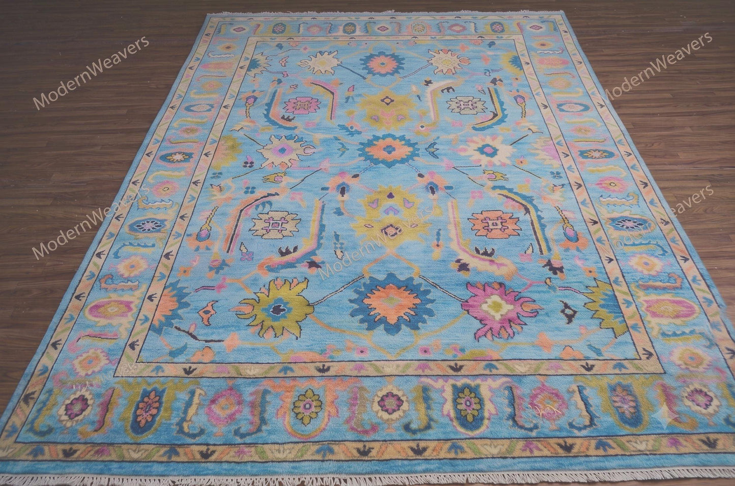 Hand-Knotted Oushak Wool Rug – 9x12 Sky Blue Floral Carpet, Indian Artisan Weave