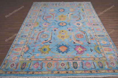 Hand-Knotted Oushak Wool Rug – 9x12 Sky Blue Floral Carpet, Indian Artisan Weave