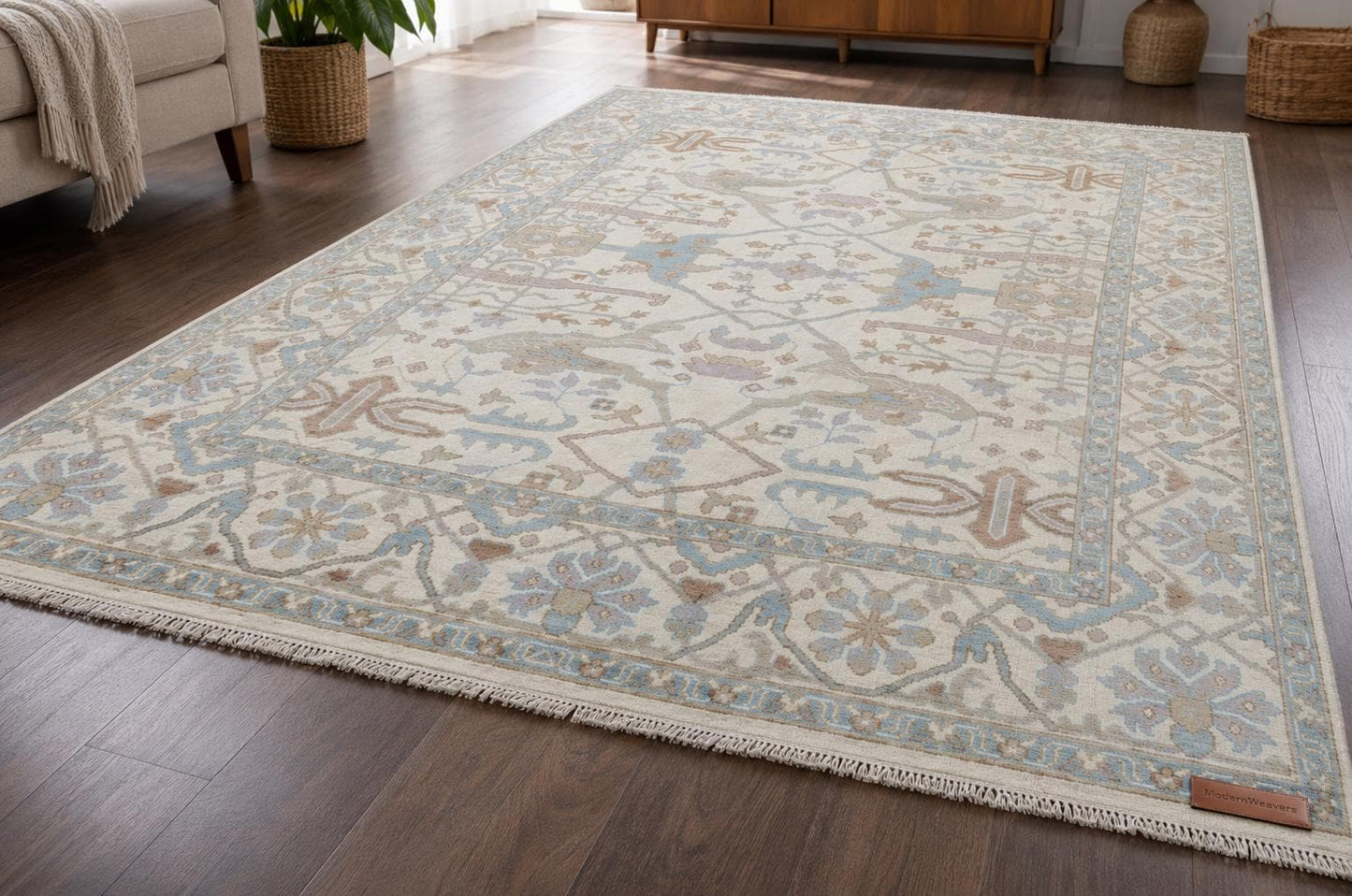 Hand-Knotted Oushak Area Rug | Cream, Light Blue, and Taupe Geometric Pattern | ModernWeavers Wool Carpet for Living Room or Bedroom