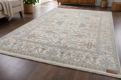 Hand-Knotted Oushak Area Rug | Cream, Light Blue, and Taupe Geometric Pattern | ModernWeavers Wool Carpet for Living Room or Bedroom