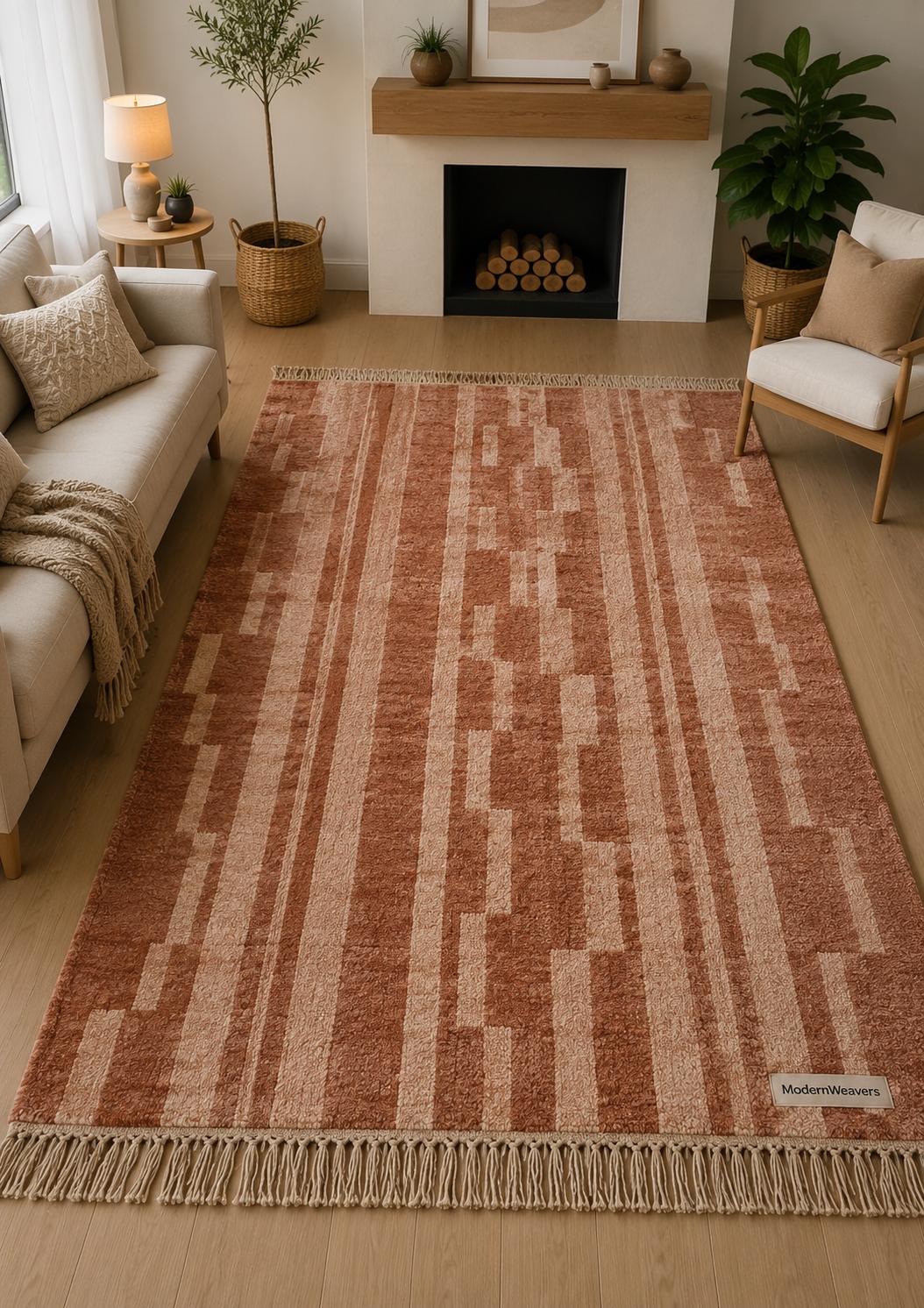 Terracotta Abstract Geometric Wool Rug | Rust Beige Boho Shag Carpet