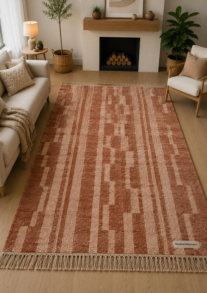 Terracotta Abstract Geometric Wool Rug | Rust Beige Boho Shag Carpet