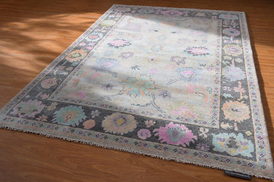 Hand-Knotted Pastel Floral Area Rug | Transitional Oushak Style Carpet | Ivory, Slate Grey, Pink & Blue Wool Rug for Living Room