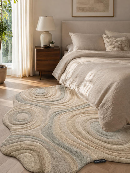 Organic Shape Hand Tufted Rug | Zen Ripples Topographic Design | Neutral Minimalist Carved Carpet | Soft Earth Tone Abstract Area Rug