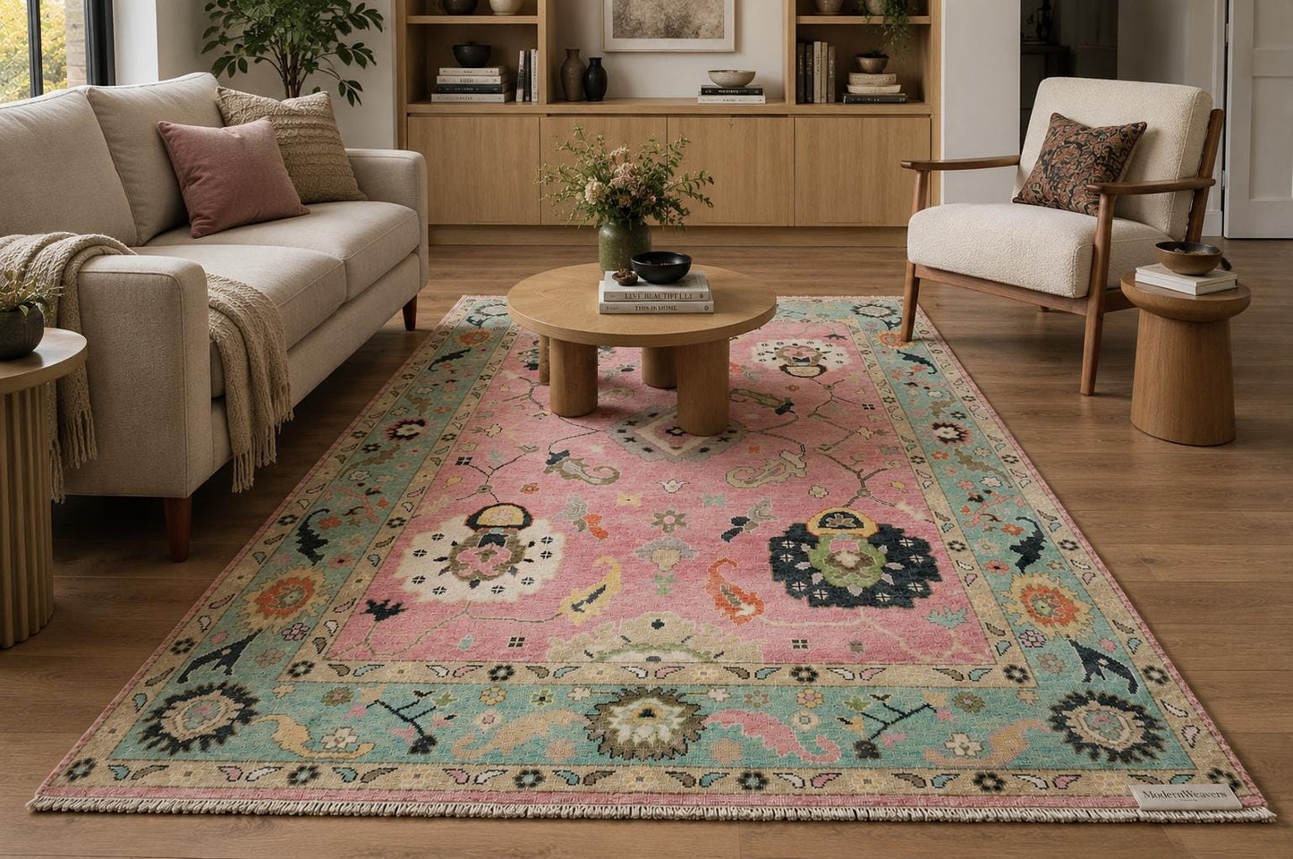 Pink Oushak Rug with Teal Border | ModernWeavers Hand-Knotted Wool Area Rug | Turkish Floral Medallion Carpet for Living Room or Nursery