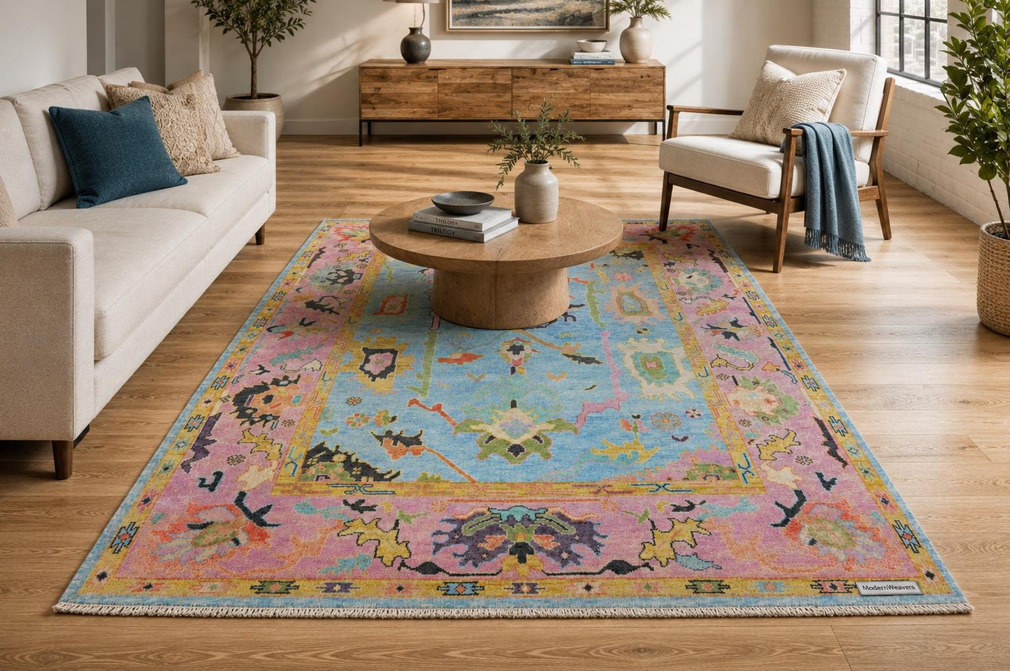 Boho-Chic Hand-Knotted Wool Rug, Pink & Blue Floral Pattern – ModernWeavers Statement Piece for Living Room