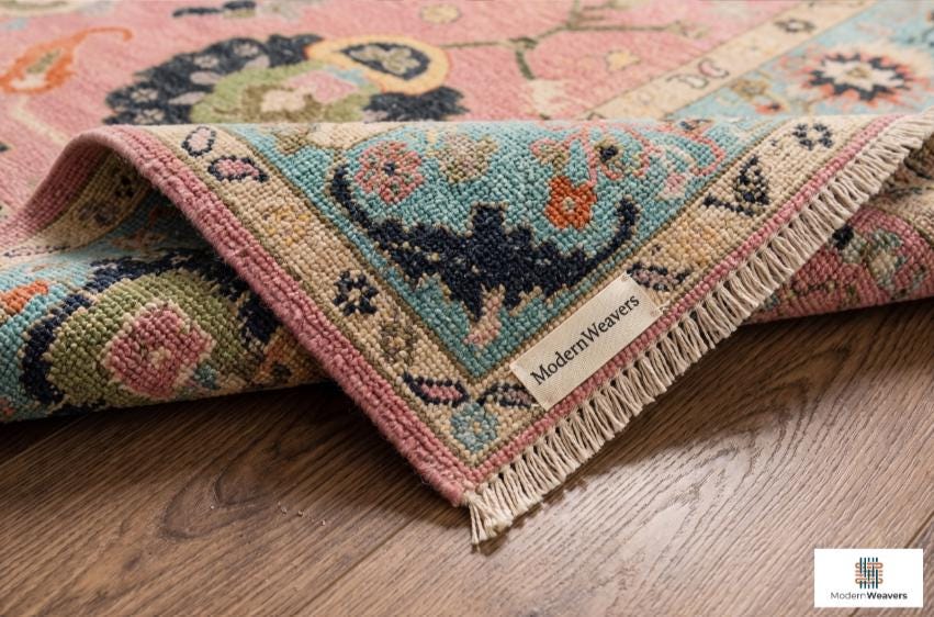 Pink Oushak Rug with Teal Border | ModernWeavers Hand-Knotted Wool Area Rug | Turkish Floral Medallion Carpet for Living Room or Nursery