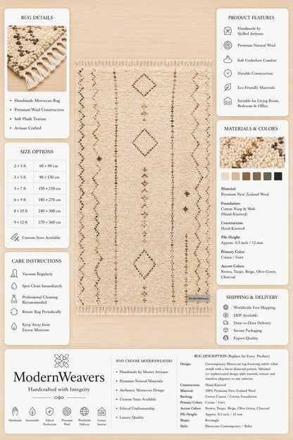 Hand-Knotted Moroccan Rug | Cream Brown Beni Ourain Style Tribal Diamond Wool Area Rug