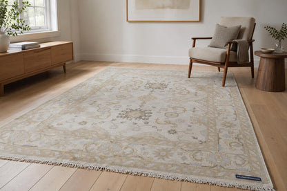 Hand-Knotted Oushak Style Rug | Pastel Ivory, Light Blue, Beige Floral Geometric Living Room Decor