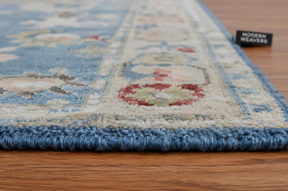 ModernWeavers Hand-Knotted Wool Rug | Dusty Blue & Beige Oushak Style Area Rug | Transitional Geometric Floral Pattern | Artisan Home Decor