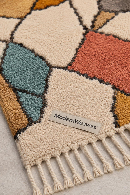 Abstract Moroccan Hand-Knotted Wool Rug | Stained-Glass Boho Carpet, Teal Rust Mustard
