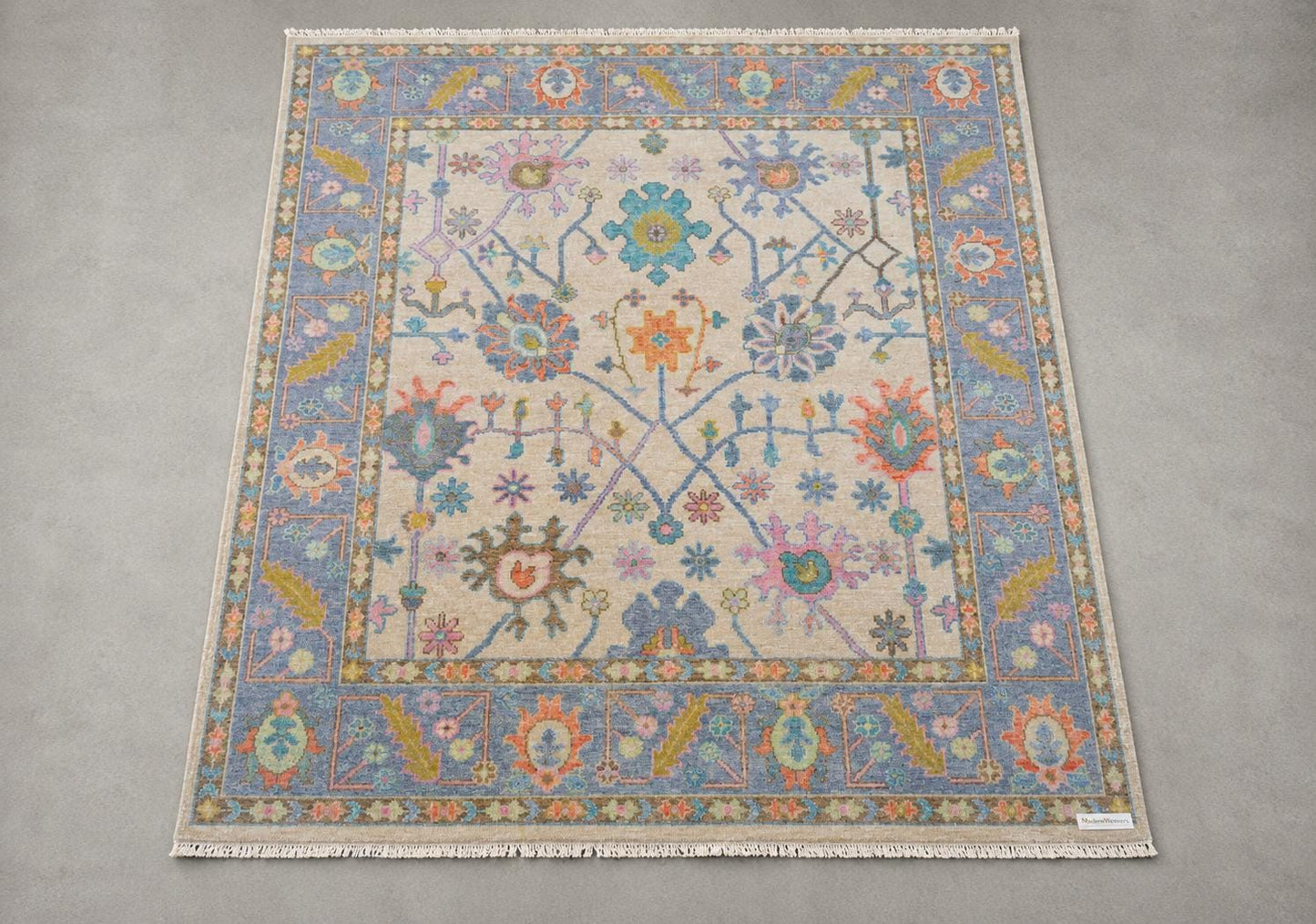 Hand-Knotted Floral Area Rug | Cream & Slate Blue Transitional Rug with Vibrant Geometric Accents | Living Room Bedroom Room Carpet