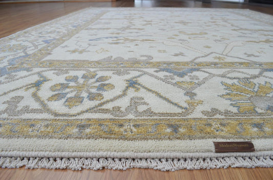 Hand Knotted Oushak Style Area Rug | Cream, Soft Blue, and Muted Gold Geometric Rug | Neutral Modern Farmhouse Wool Rug