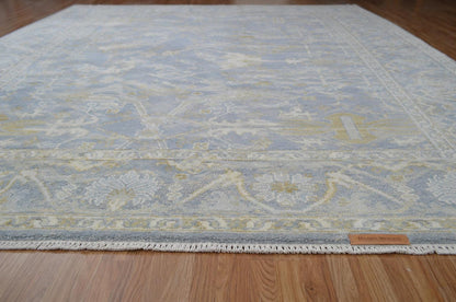 Hand Knotted Wool Area Rug | Muted Blue Beige Gold Oushak Style Traditional 8x10