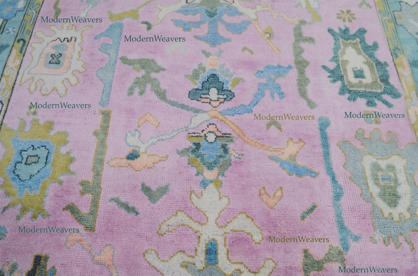Hand-Knotted Wool Oushak Rug, Pastel Pink Teal Transitional Living Room Carpet