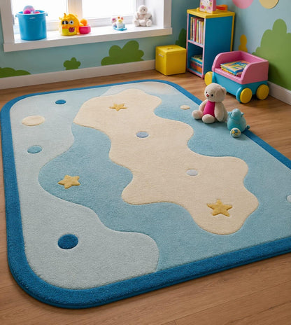 Hand Tufted Cloud Stars Nursery Rug | Pastel Blue Playroom Carpet, Kids Floor Art