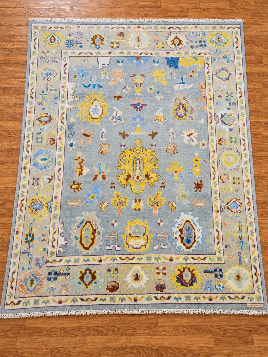Modern Oushak Rug, Hand Knotted Wool Area Rug, Light Blue and Beige Turkish Style Geometric Floral Rug, 9x12 Area Rug for Living Room