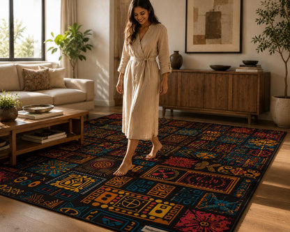 Maximalist Boho Tufted Rug | Vibrant Geometric Patchwork Carpet | Tribal Mosaic Floor Art | Jewel Tone Eclectic Decor | Dark Academia Room