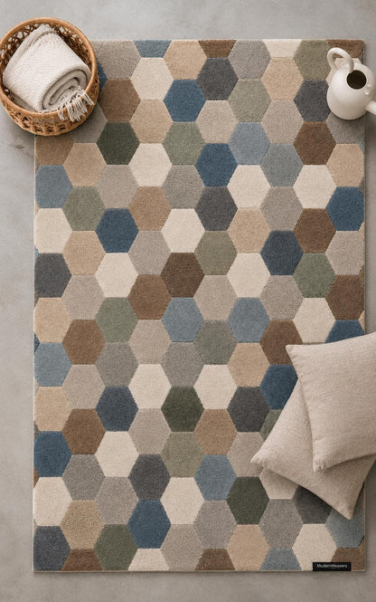 Modern Geometric Hexagon Area Rug | Hand-Tufted Honeycomb Pattern Carpet | Contemporary Multi-Toned Rug for Living Room, Bedroom & Office