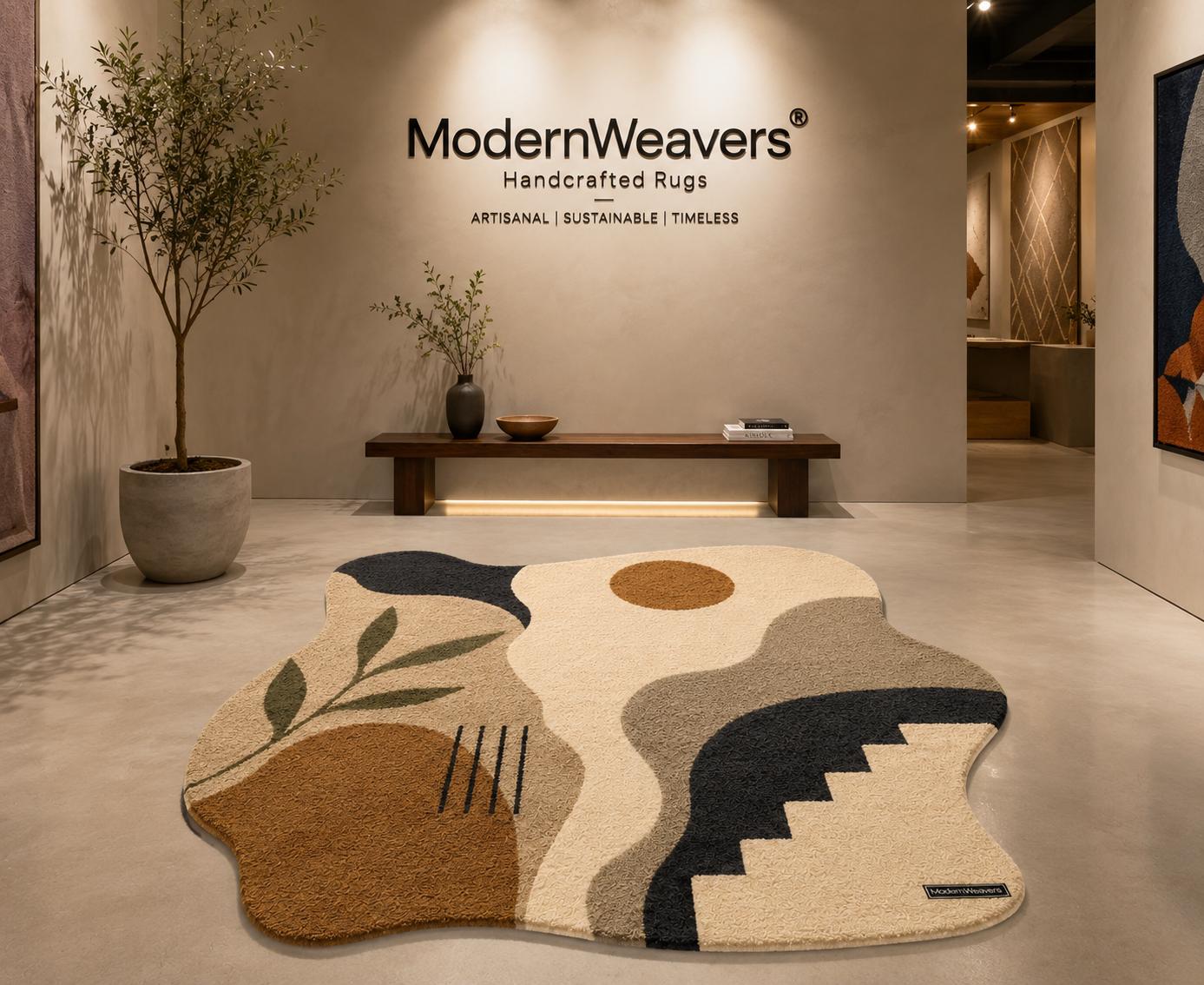Abstract Irregular Shape Tufted Rug | Wabi Sabi Organic Edge Carpet | Neutral Earth Tone Floor Art | Boho Geometric Sun & Botanical Decor