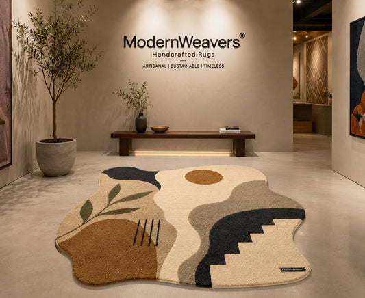 Abstract Irregular Shape Tufted Rug | Wabi Sabi Organic Edge Carpet | Neutral Earth Tone Floor Art | Boho Geometric Sun & Botanical Decor