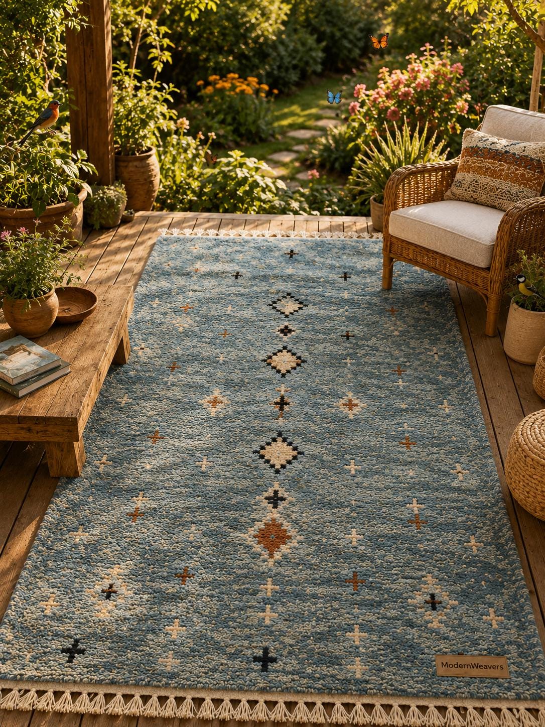 Dusty Blue Hand-Knotted Wool Rug | Tribal Diamond Boho Shag Carpet