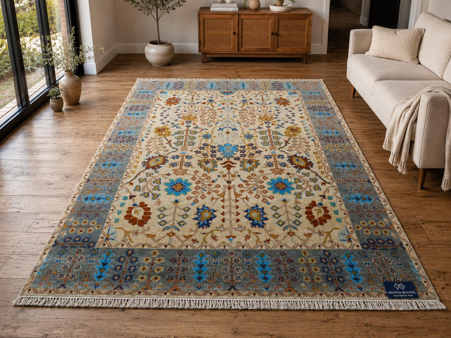 Hand Knotted Wool Area Rug | Cream & Slate Blue Oushak Style Floral Rug | Traditional Vintage Inspired Carpet for Living Room, Bedroom |