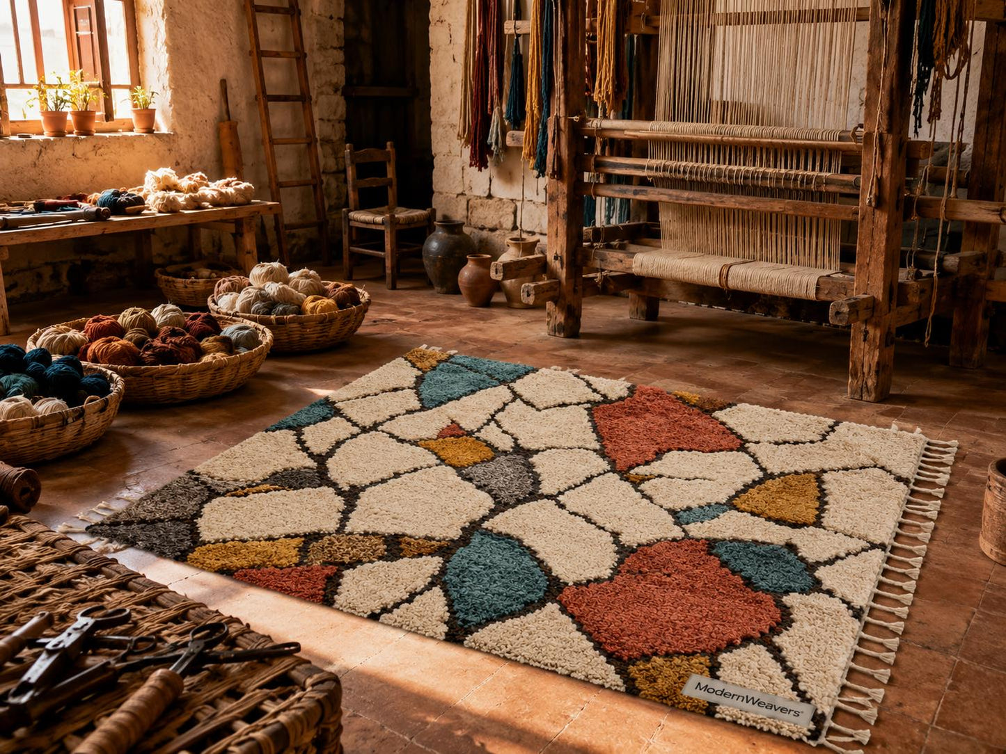 Abstract Moroccan Hand-Knotted Wool Rug | Stained-Glass Boho Carpet, Teal Rust Mustard