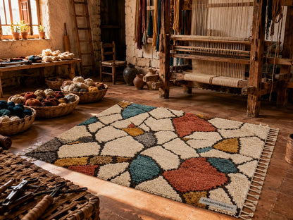 Abstract Moroccan Hand-Knotted Wool Rug | Stained-Glass Boho Carpet, Teal Rust Mustard