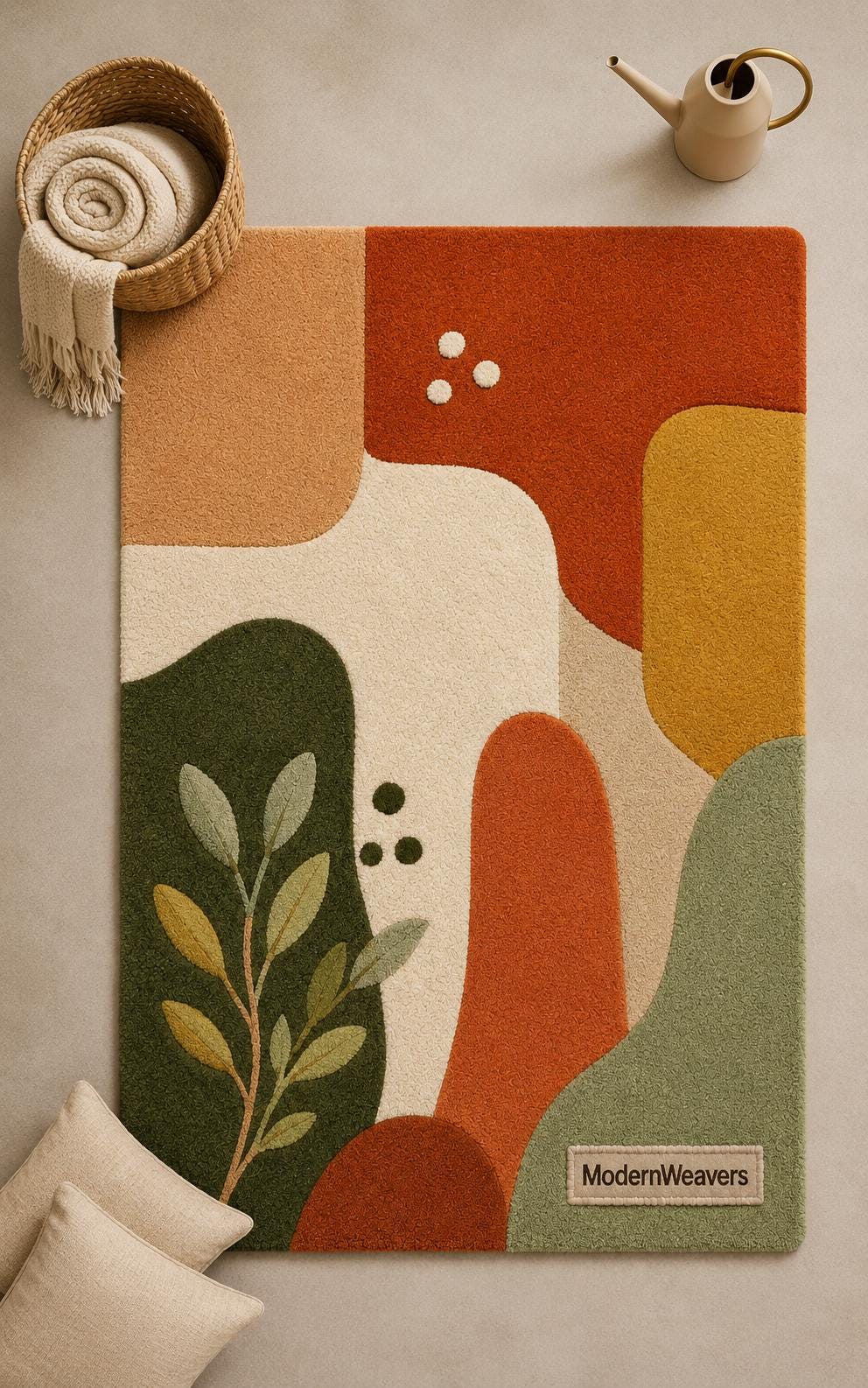 Mid-Century Modern Abstract Botanical Rug | Hand-Tufted Boho Arch Area Carpet | Contemporary Leaves Design Rug for Living, Bedroom & Nursery