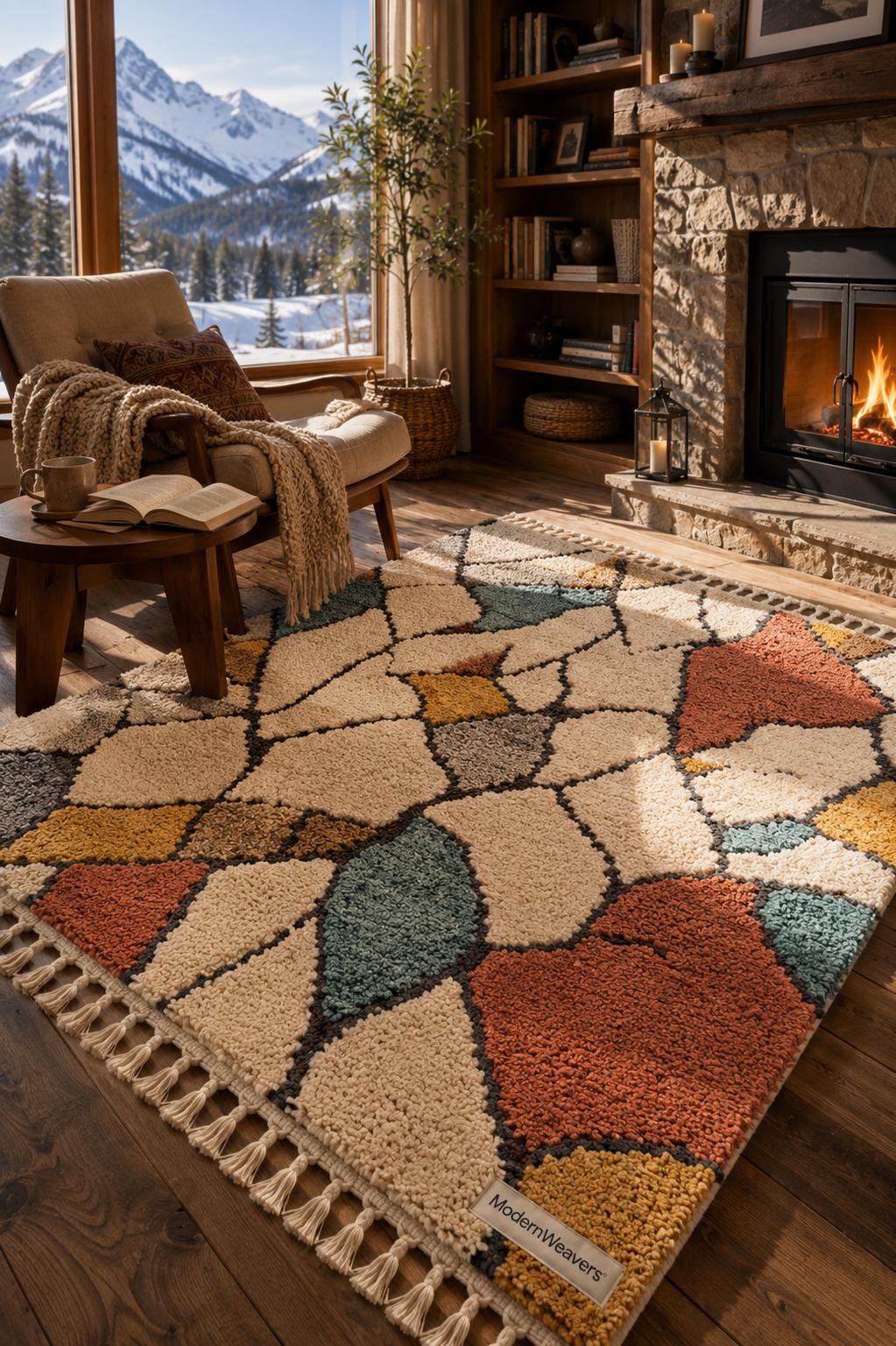Abstract Moroccan Hand-Knotted Wool Rug | Stained-Glass Boho Carpet, Teal Rust Mustard