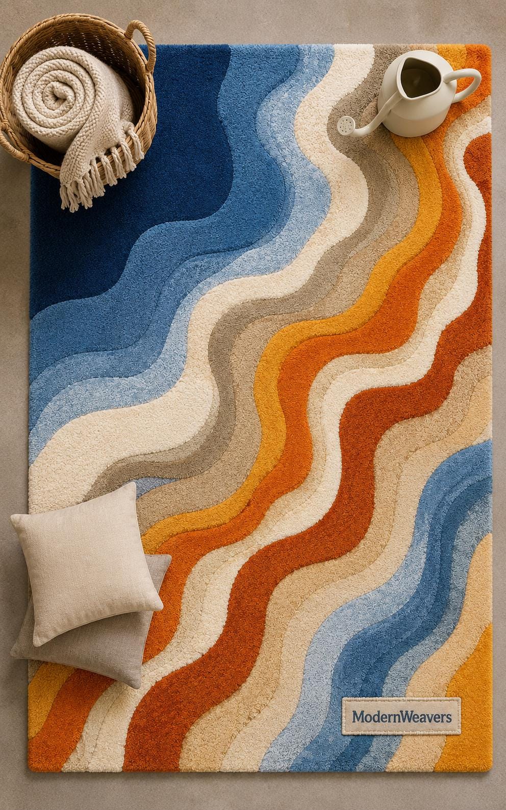 MidCentury Modern Retro Wavy Rug | Hand-Tufted Abstract Area Carpet | Contemporary Fluid Groovy Design Rug for Living Room, Bedroom & Studio