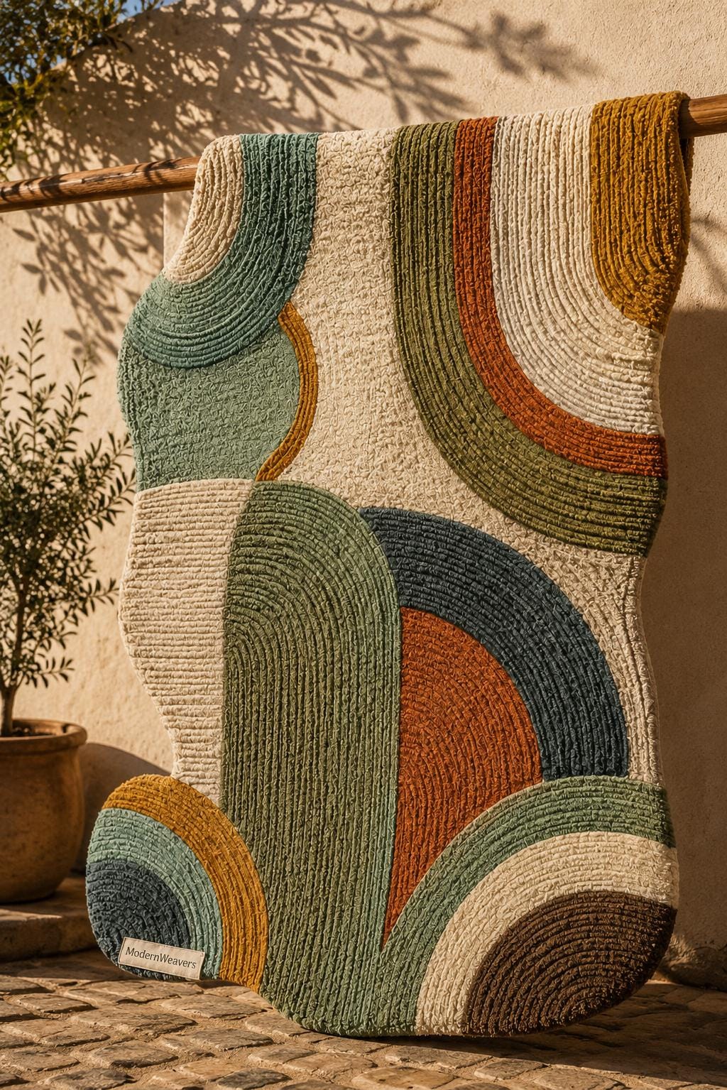 Organic Shape Hand Tufted Rug | Textured Geometric Arch Design | Earth Tone Ribbed Carpet | Mid-Century Modern Abstract Boho Area Rug