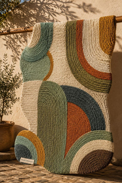 Organic Shape Hand Tufted Rug | Textured Geometric Arch Design | Earth Tone Ribbed Carpet | Mid-Century Modern Abstract Boho Area Rug