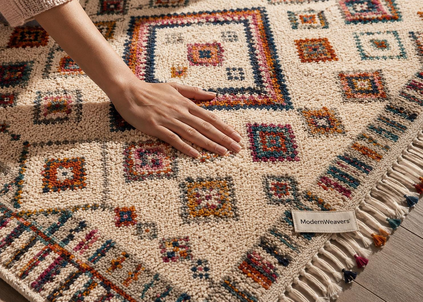 Hand Knotted Moroccan Berber Rug | Colorful Diamond Tribal Wool Carpet | Boho Chic Fringe Rug