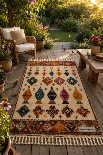 Hand Knotted Moroccan Rug | Colorful Geometric Boho Area Carpet, Jewel Tone Motifs