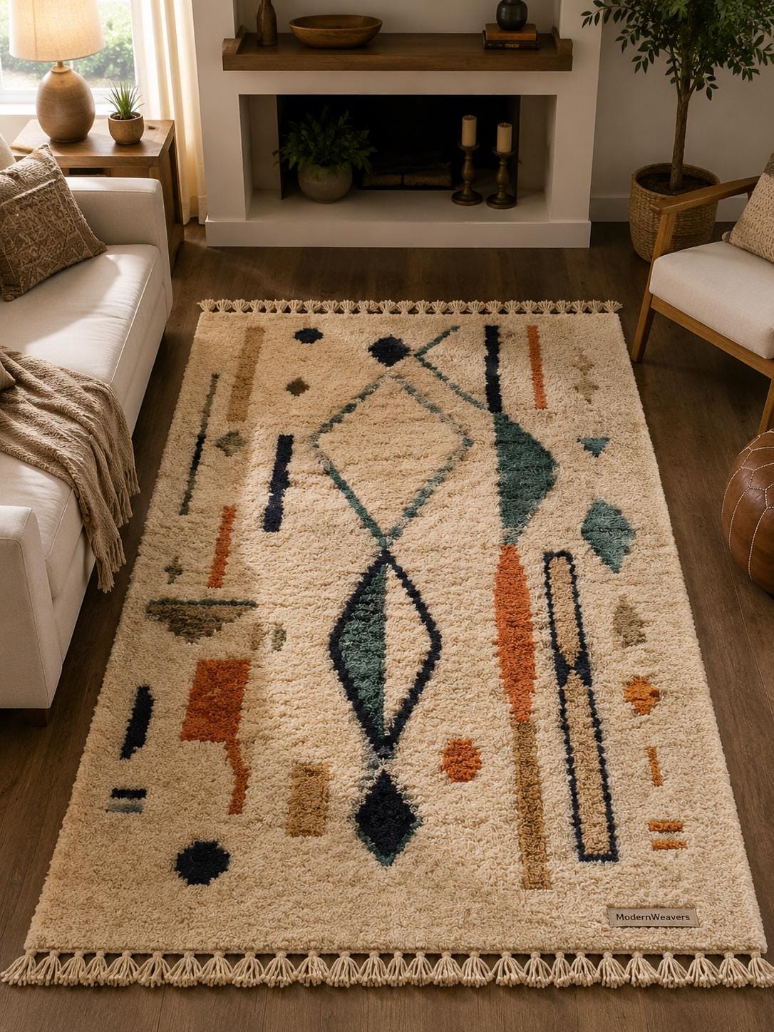 Abstract Geometric Moroccan Rug | Hand-Knotted Wool Shag Carpet | Bohemian Tribal Home Decor
