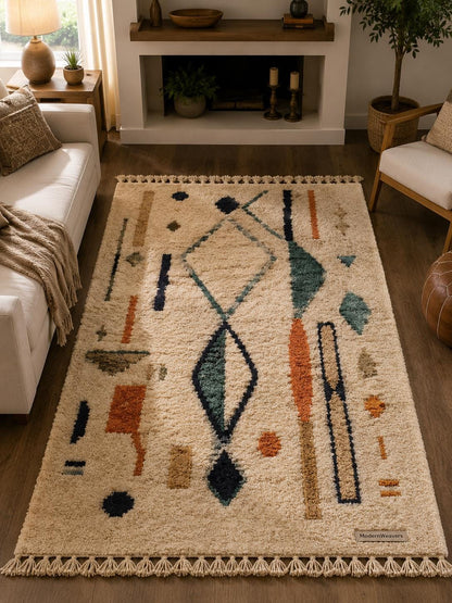 Abstract Geometric Moroccan Rug | Hand-Knotted Wool Shag Carpet | Bohemian Tribal Home Decor