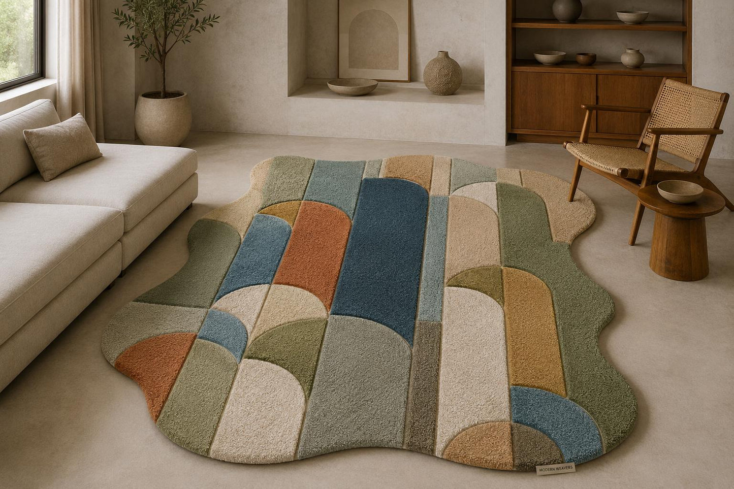 Organic Shape Hand Tufted Rug | Mid-Century Modern Geometric Arch Design | Colorful Retro Carved Area Rug | Abstract Bauhaus Carpet