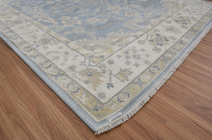 Hand-Knotted Wool Rug | Slate Blue Ivory Oushak Style Area Carpet (9x12)