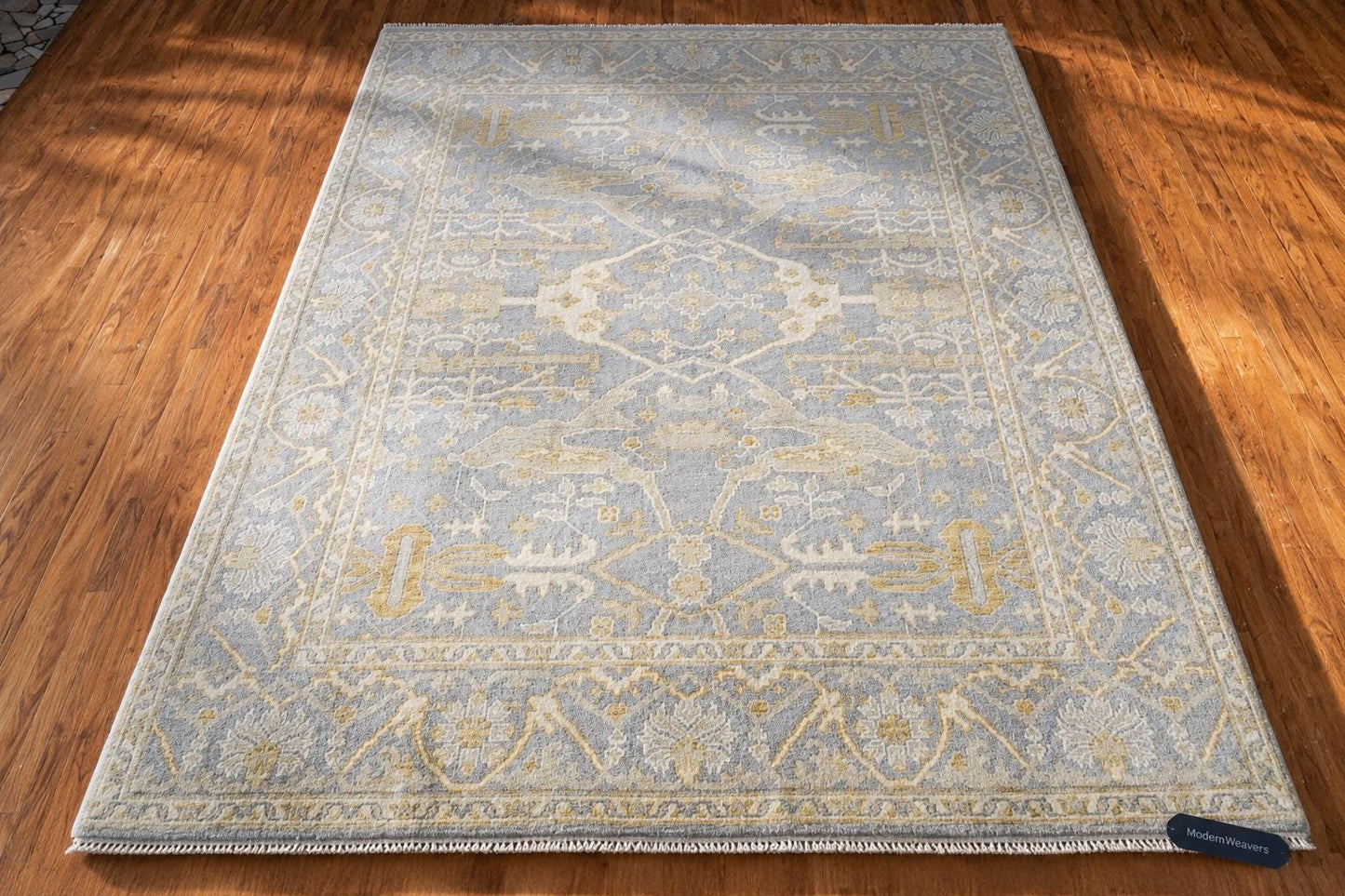 Hand Knotted Wool Area Rug | Muted Blue Beige Gold Oushak Style Traditional 8x10