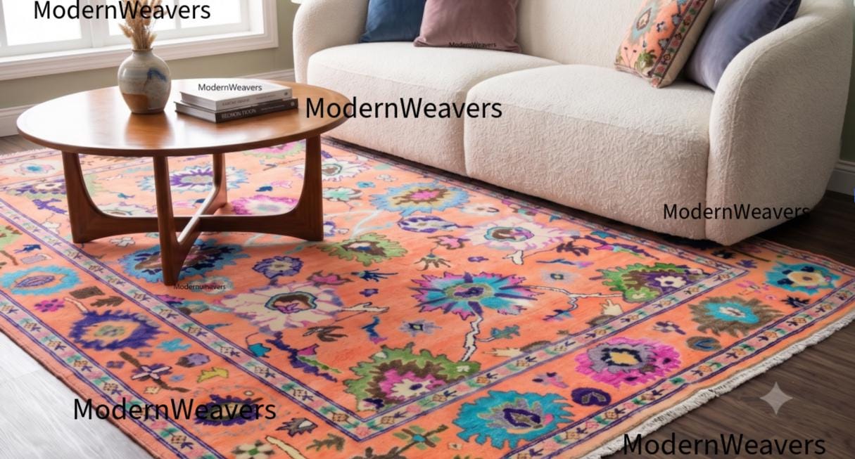 Hand-Knotted Wool Rug – Oushak Style Orange Floral Carpet, Artisan Area Rug