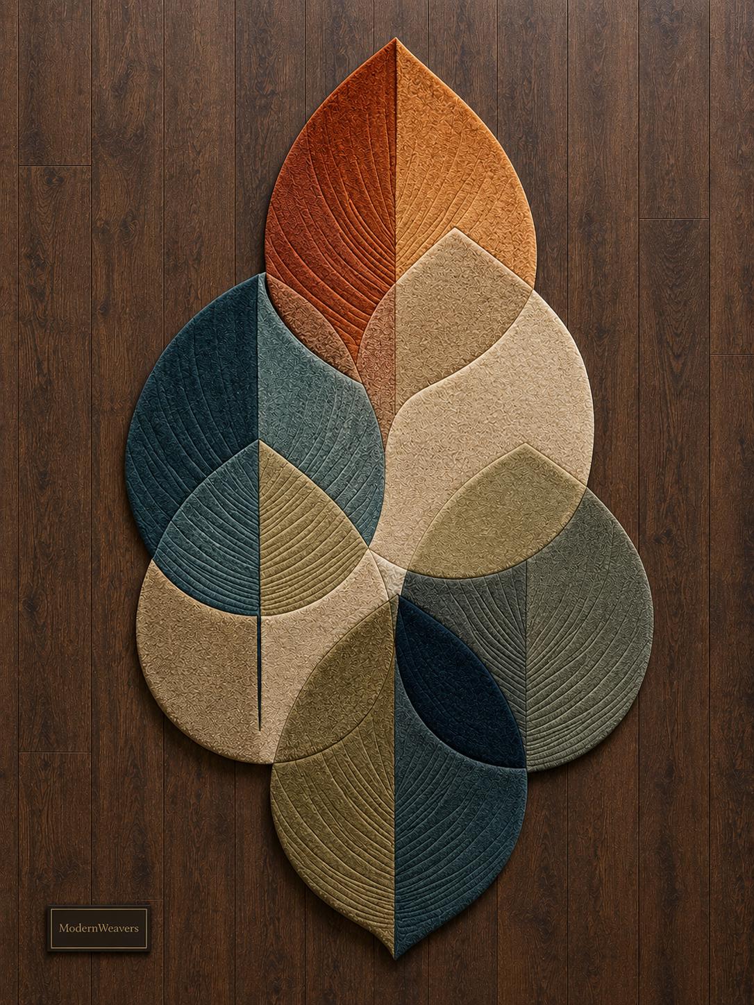 Botanical Leaf Cluster Hand Tufted Rug | Earth Tone Boho Area Rug | Teal & Rust Irregular Shaped Carpet | 3D Textured Nature Room Decor