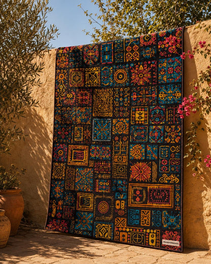 Maximalist Boho Tufted Rug | Vibrant Geometric Patchwork Carpet | Tribal Mosaic Floor Art | Jewel Tone Eclectic Decor | Dark Academia Room