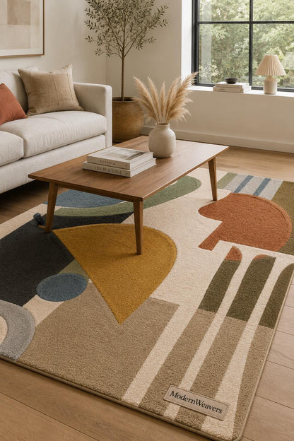 Mid-Century Modern Abstract Geometric Area Rug | Hand-Tufted Earth Tone Rug | Boho Contemporary Accent Rug for Living Room & Bedroom