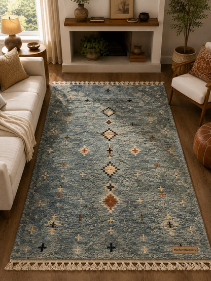 Dusty Blue Hand-Knotted Wool Rug | Tribal Diamond Boho Shag Carpet