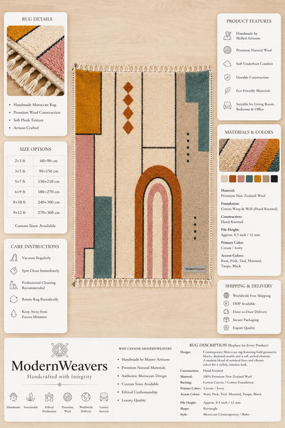 Geometric Moroccan Wool Rug | Bauhaus Arch Design, Pink Mustard Teal