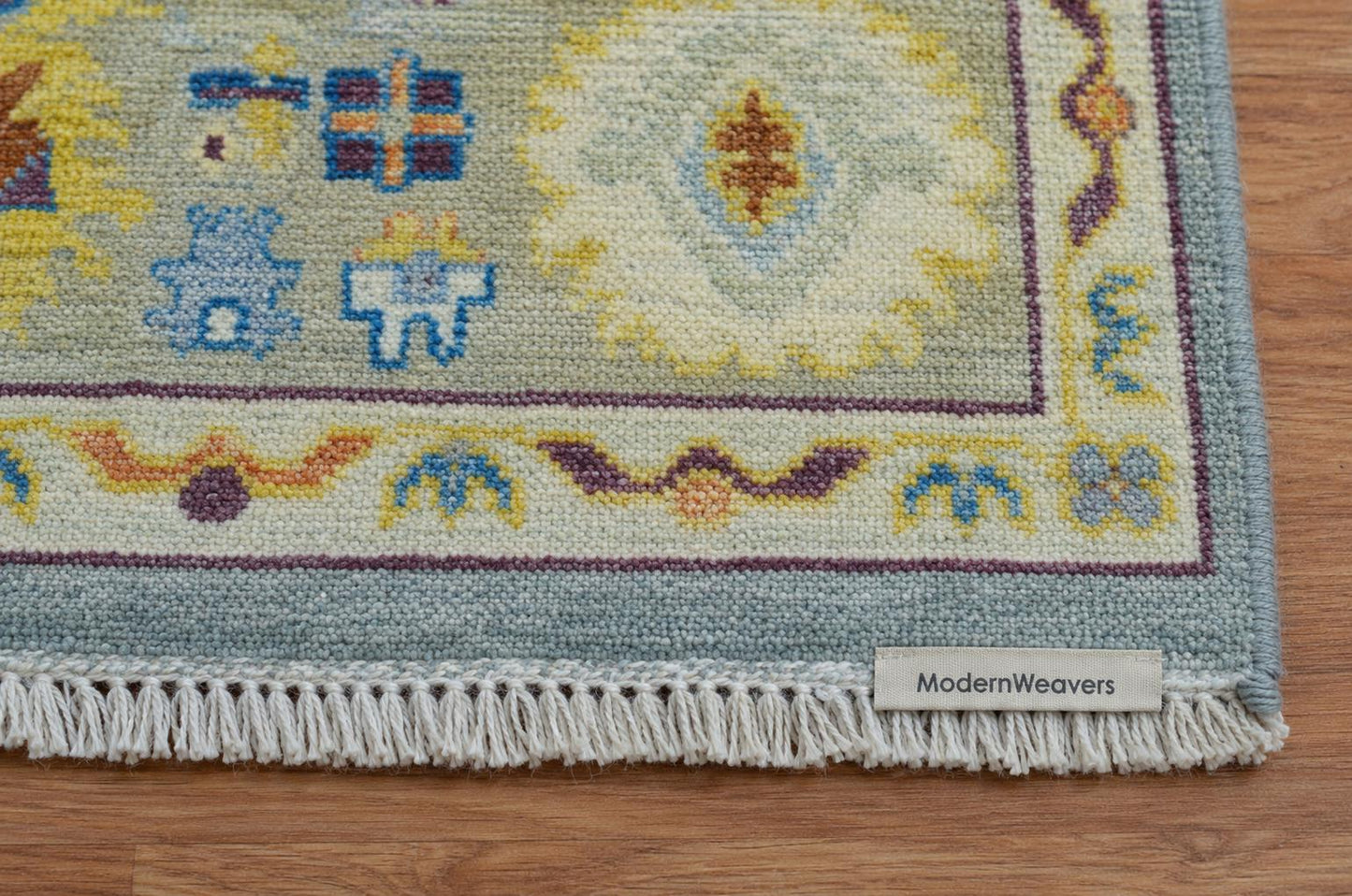 Modern Oushak Rug, Hand Knotted Wool Area Rug, Light Blue and Beige Turkish Style Geometric Floral Rug, 9x12 Area Rug for Living Room