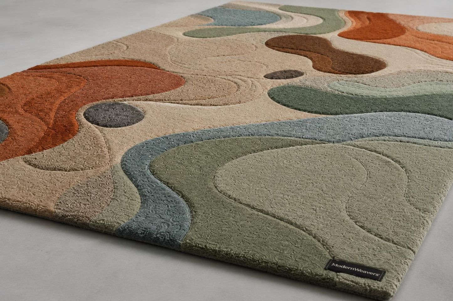 Organic Wavy Line Area Rug | Artisan Carved Tufted Carpet | Retro Earth Tones Modern Bedroom Rug | Terracotta, Sage & Slate Blue Earthy Rug