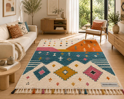 Abstract Landscape Moroccan Rug | Hand-Knotted Wool Area Rug, Boho Geometric Tapestry